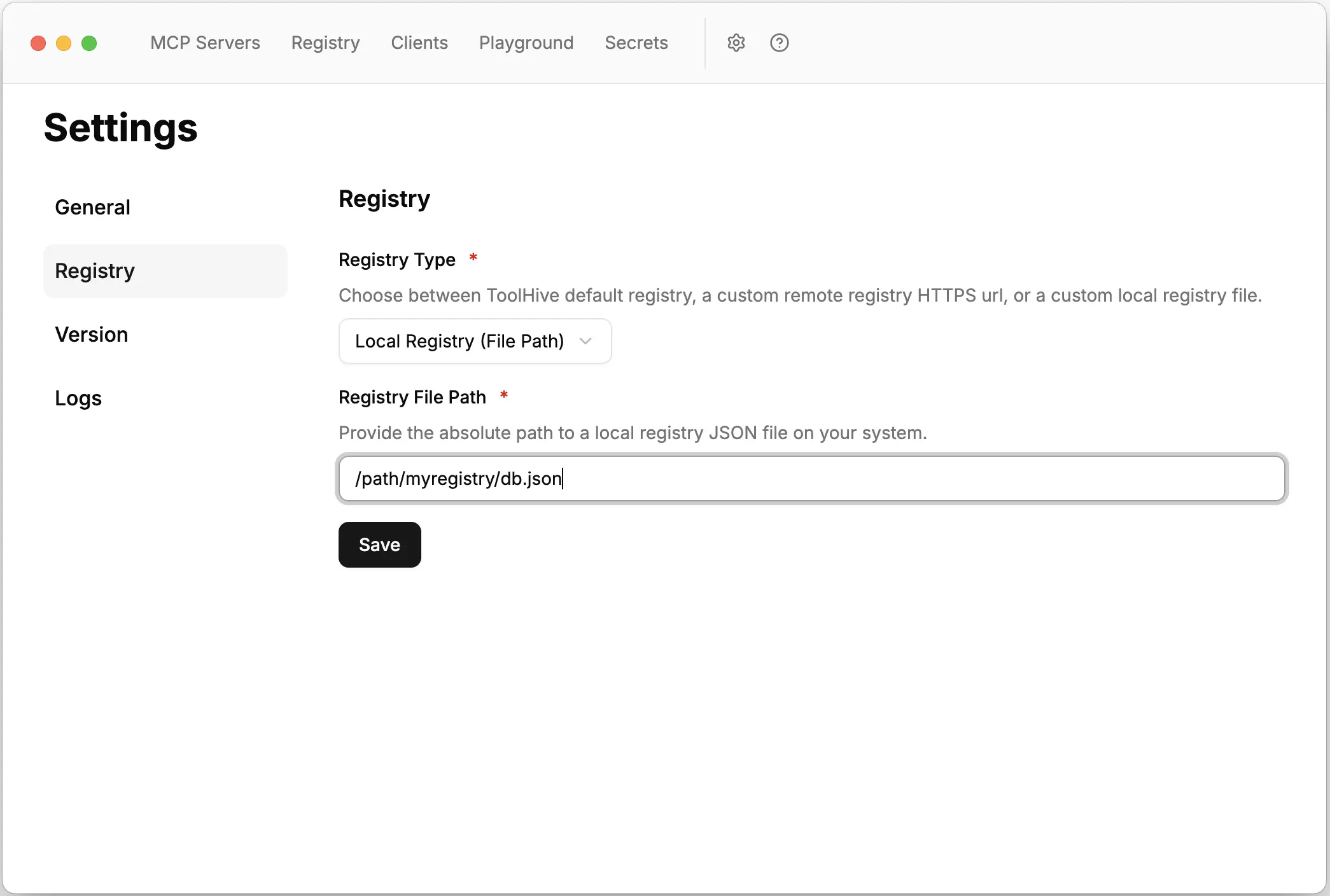 Registry settings showing Local Registry File Path option selected with Registry File Path input field